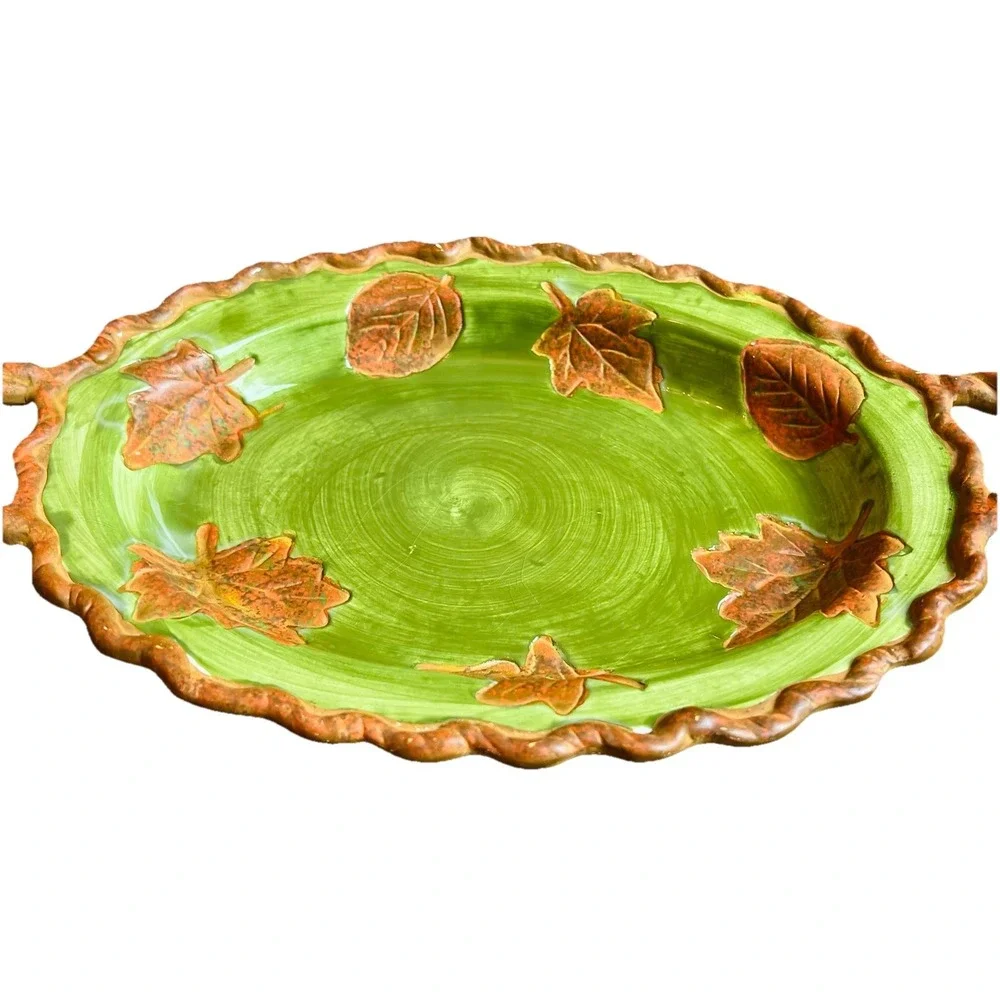 Vintage DENNIS EAST INTERNATIONAL Green Brown Leaves Serving Trinket Dish 13